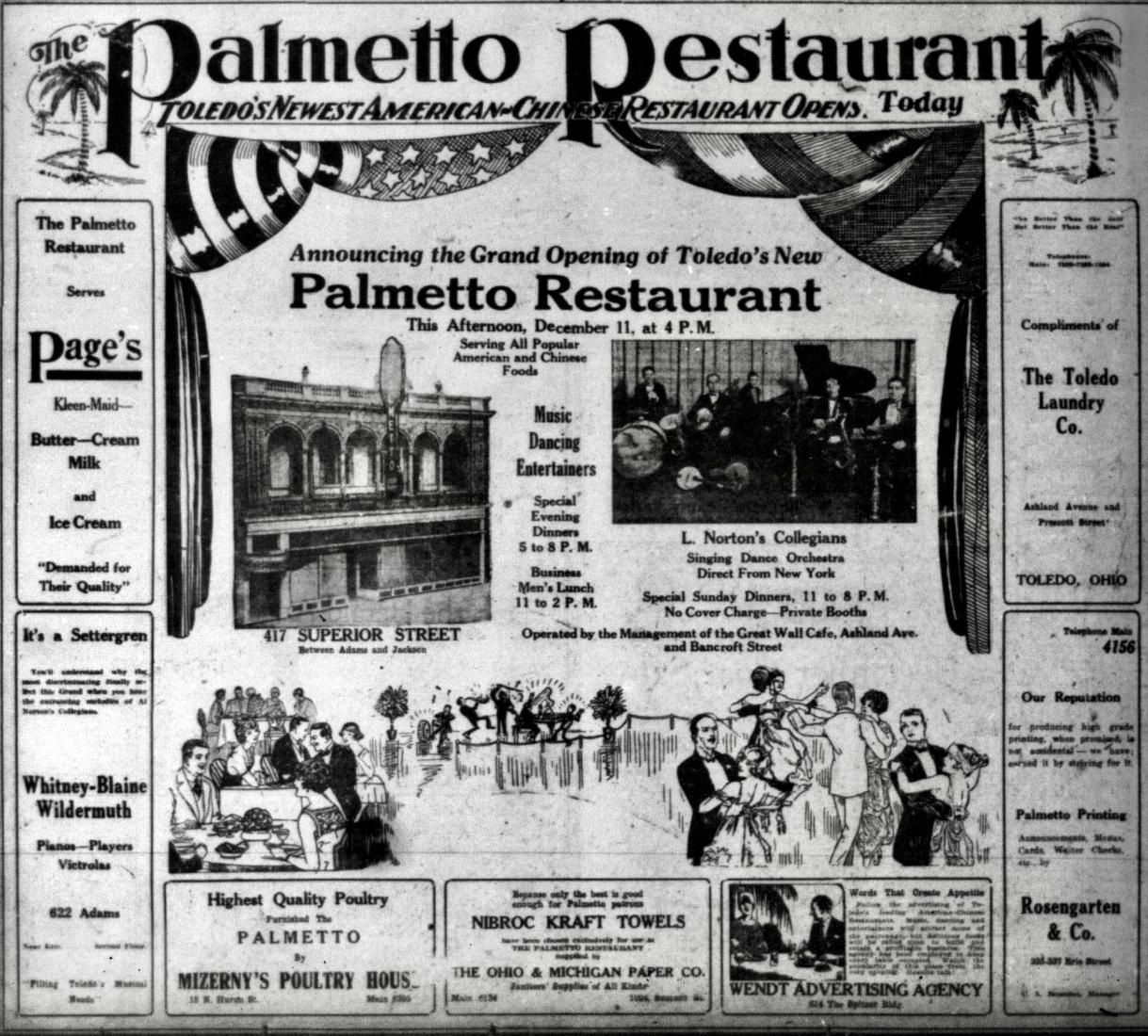Grand opening advertisement for the Palmetto Restaurant, 1920s