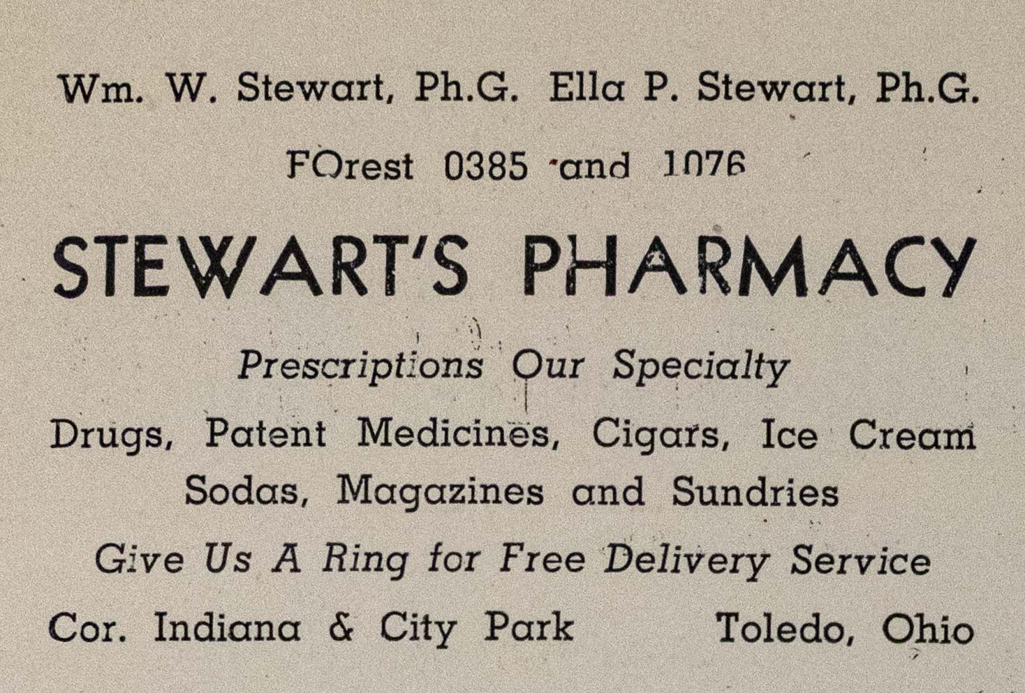 Advertisement for Stewart's Pharmacy — Wm. W. and Ella P. Stewart, Ph.G.